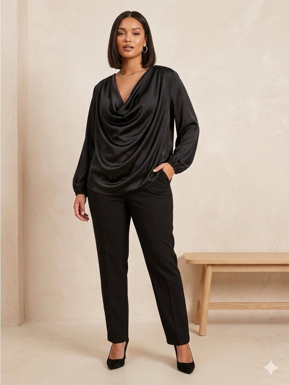 Boohoo drape neck black silky sexy blouse